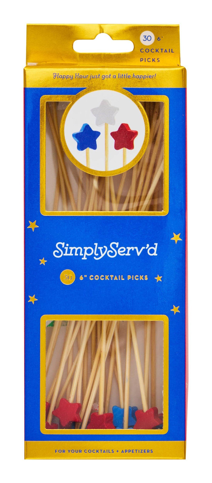 Sophistiplate - Red White Blue Stars 6 Inch Wood Party Pick/30pk - Gift Box